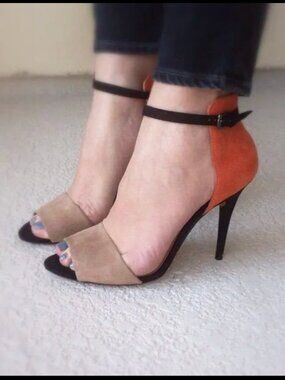 NEW Zara Colorblock Suede Ankle Strap Stiletto Heels Sandals Orange Black 37 6.5